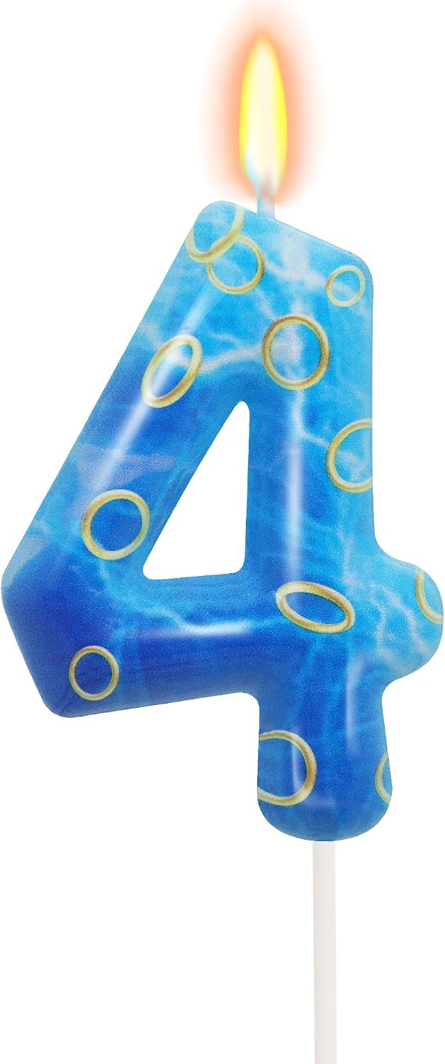 Blue and Golden Ring 4 Candle, Number 4 Candle Cake Topper Boy Birthday Decorations, Cartoon Themed Birthday Party Supplies