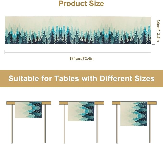 Misty Forest Table Runner,Foggy Blue Forest Landscape Table Runner for Kitchen Dining Table Home Party Decoration 13x90 Inch