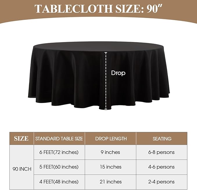 Round Tablecloth 6 Pack 90 Inch Black Tablecloths Washable Decorative Linen Polyester Table Clothes Cover for Dining Table Banquets Buffet Parties and Wedding