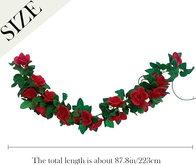 2 Pack Artificial Rose Vine Garland Fake Roses Flowers Plants Vines Hanging Floral Leaves Decoration for Wedding Party Table Garden Arch Wall Home Room Decor(Red)