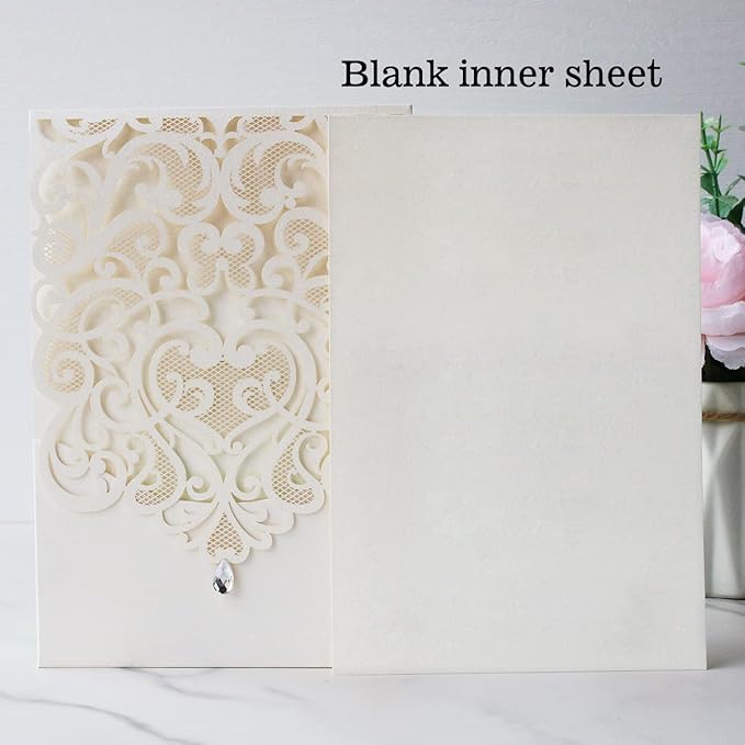 Hosmsua 50PCS White Wedding Invitations Kit 5 x 7.3 Inch Laser Cut Hollow Rose Rhinestone Pocket with Envelope for Quinceanera Bridal Shower Invite (White Ivory)
