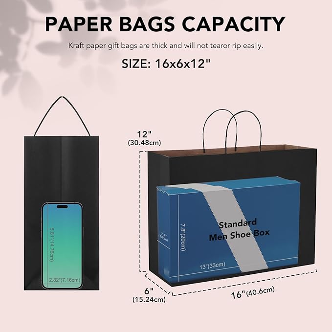 METRONIC 25 Pack Large Black Paper Gift Bags 16X6X12 Inches, Shopping Kraft Paper Bag with Handles, Small Business, Boutique, Gift Wrap, Bulk