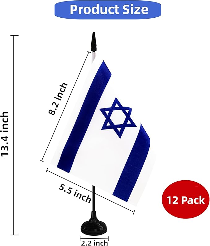 Israel Desk Flag, 12 Pack Israeli Table Office Flag with Black Solid Pole and Stand Base, International Country Flag, Festival Celebration, Classroom Meeting Desktop Decor (Israel)