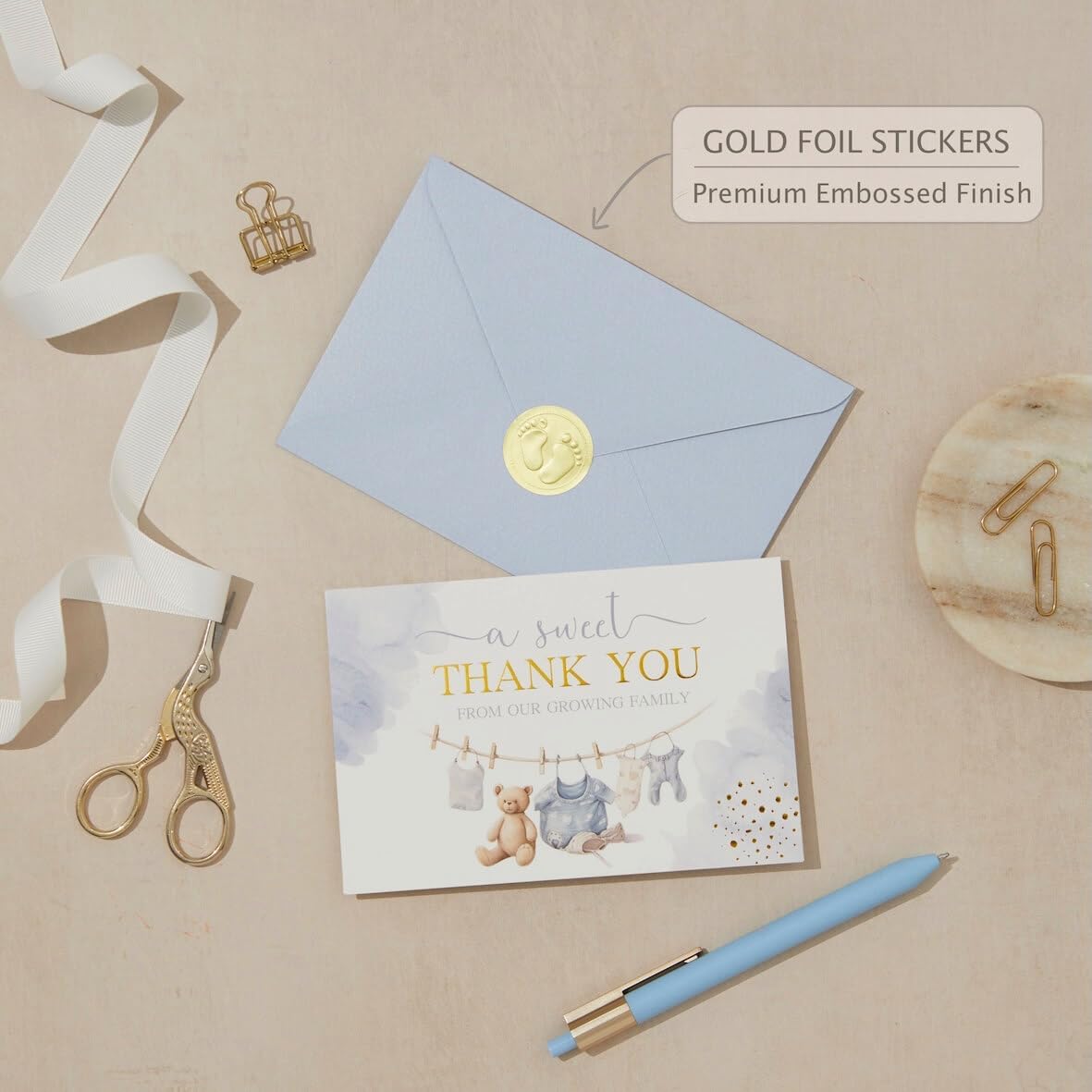 Baby Shower Thank You Cards - 50 Baby Thank You Notes with Assorted Envelopes & Stickers - Cute Watercolor & Gold Foil Delicate Greeting Cards Bulk Pack