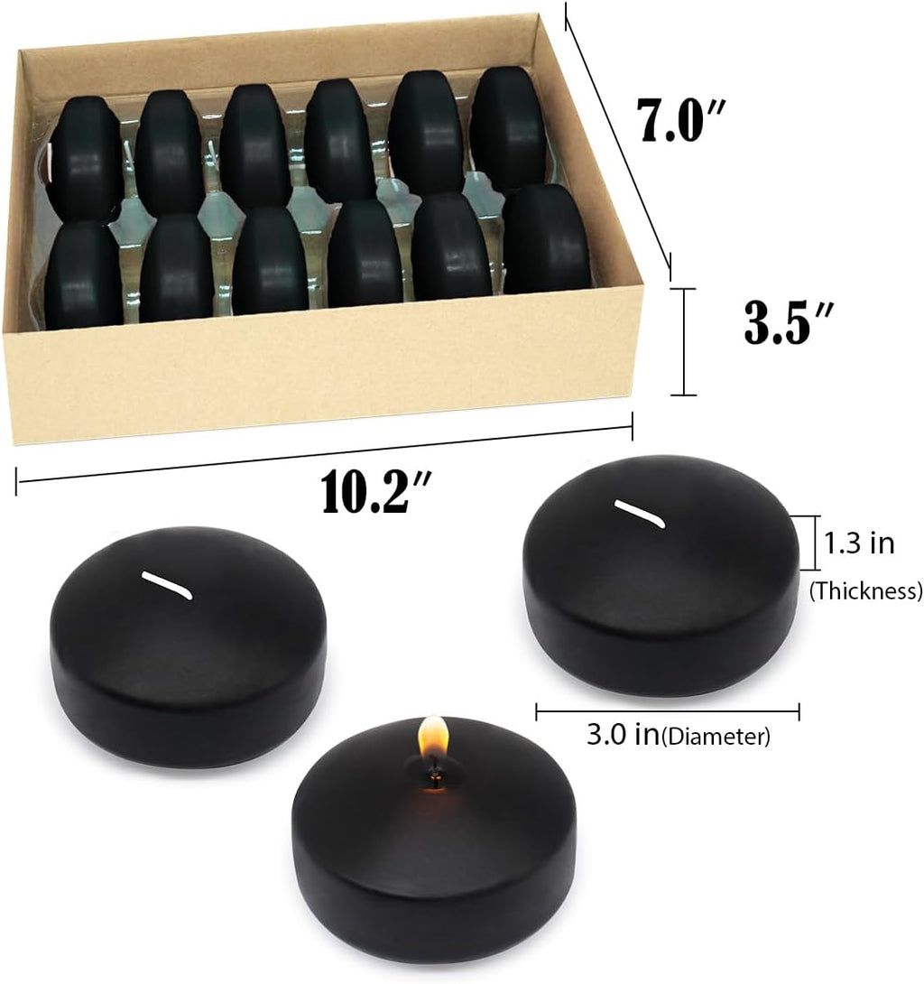 Set of 12 3 inch Black Floating Candles Large Unscented Dripless Water Wax Halloween Candles for Vases, Centerpieces at Wedding, Party, Pool, Halloween Holidays - 10 Hour Burning