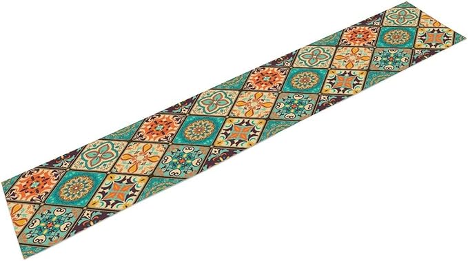 Bohemian Patchwork Table Runnerboho Colorful Tile Patchwork Indian Floral Print Table Runner for Home Kitchen Indoor Outdoor Party Wedding Decor, 13x90inch