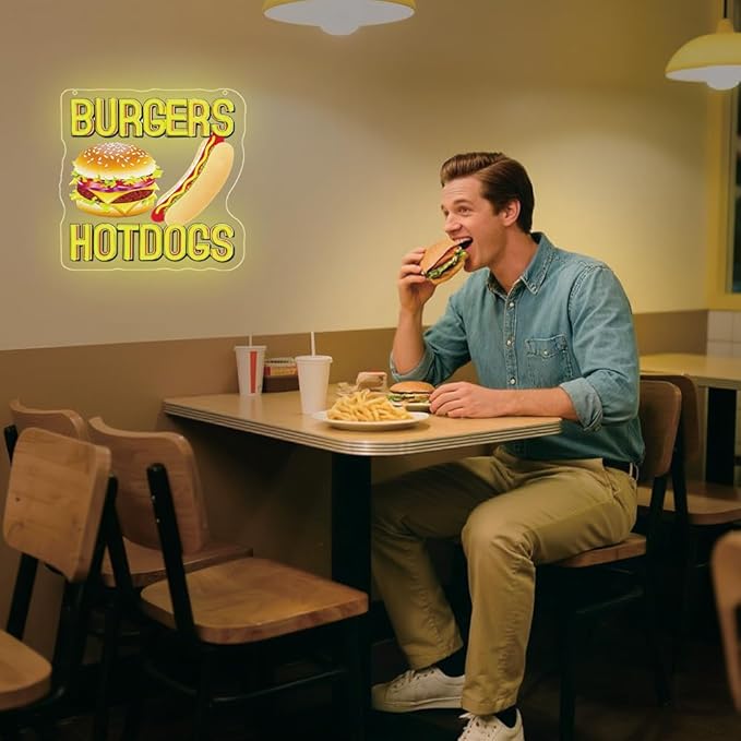 Hot Dogs Burgers Neon Signs for Wall Decor,Hot Dogs Led Neon Sign Party Decorations,Dimmable Hamburger Led Lights Sign for Business Food Restaurant Bar Birthday Party Decor,Hot Dog Shop Decor