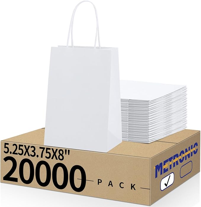 METRONIC Kraft Paper Gift Bags with Handles 5.25x3.75x8 Inch 20000 Pack | Christmas, Birthday Party Favors, Retail Shopping, Small Business Bulk | White Gift Wrap Bag