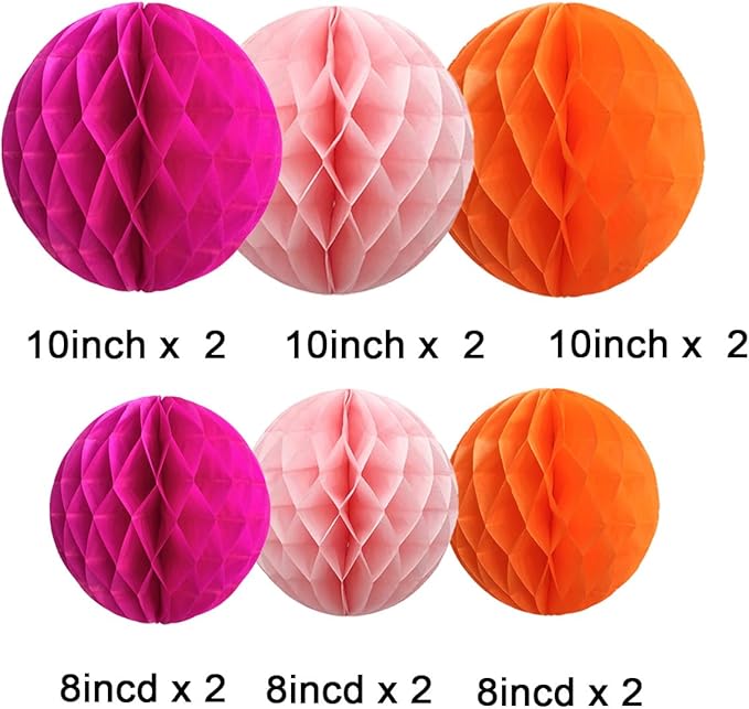 CC wonderland zone 12pcs Hot Pink and Orange Paper Honeycomb Balls,6" & 10" Hanging Tissue Pom poms for Birthday Party Decoration(Hot Pink,Pink,Orange)