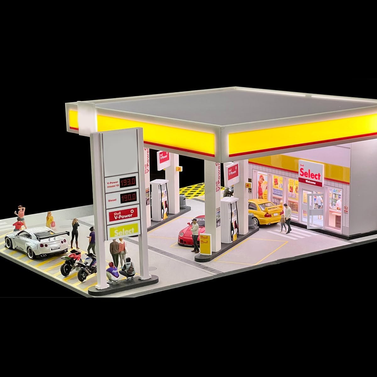 1/64 diorama display case gas station with led, close-up detail