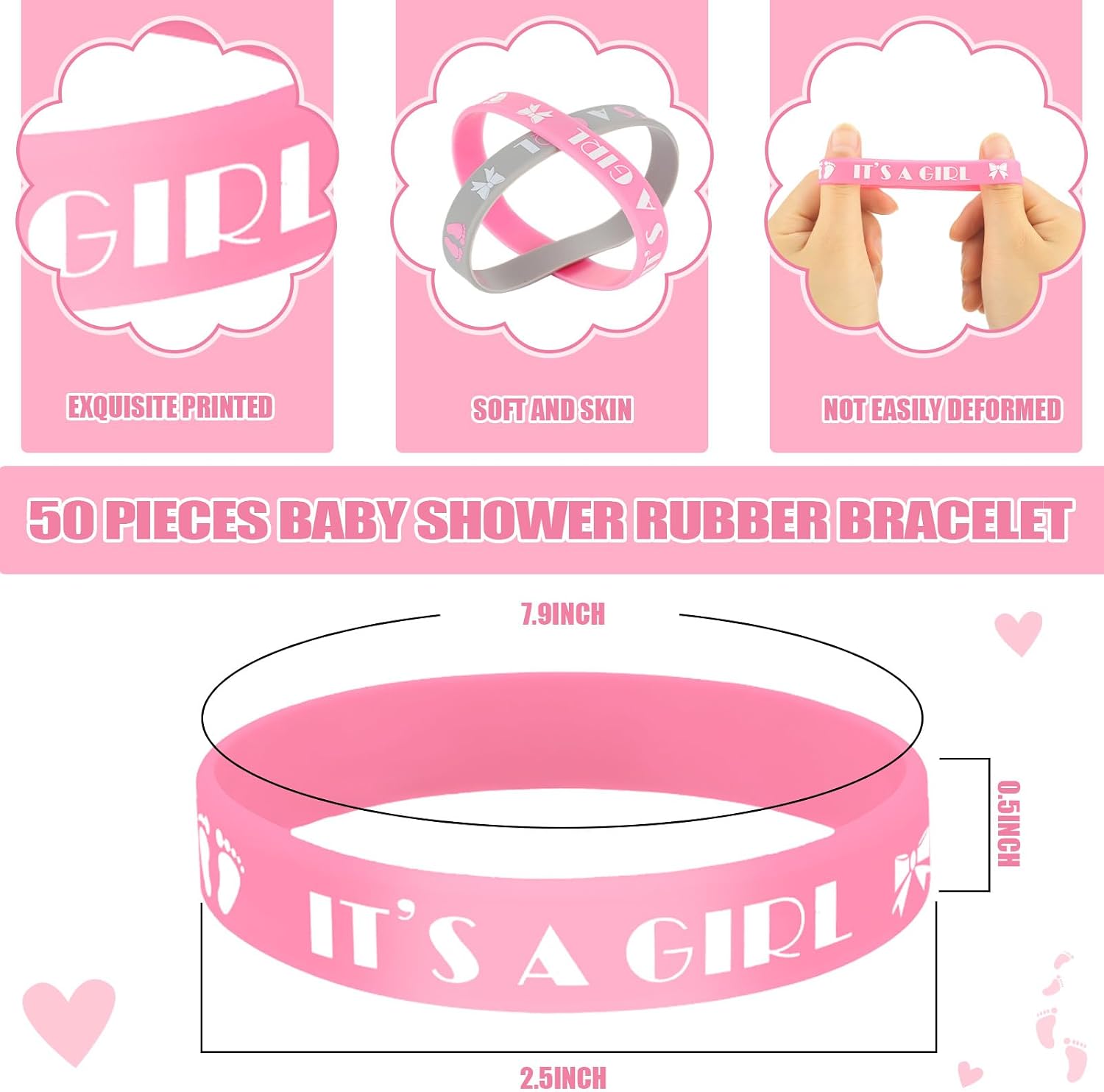 MTLEE 50 Sets Baby Shower Favors Tea Light Candles for Guests Cute Baby Shower Decorations with 50 Cards and 50 Organza Bags and 50 Silicone Bracelets for Boys Girls Gender Reveal (Pink,Cute)