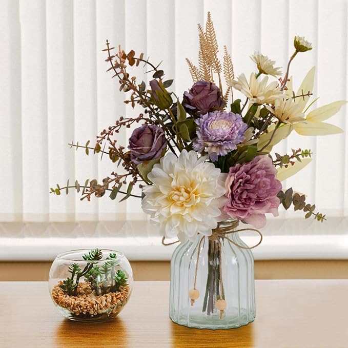 LESING Dahlia Flower Aritificial Flower with Vase Fake Silk Flowers in Glass Vase Faux Rose Flowers Arrangement for Home Office Table Centerpiece Decoration (Purple)