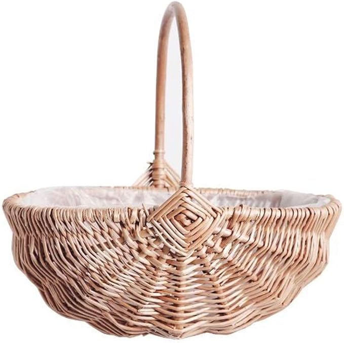 DULRLLY Handwoven Flower Basket with Handle, Willow Storage Basket Empty Wicker Picnic Basket with Plastic Insert, Easter Basket Wedding Flower Girl Baskets for Home Party Decor