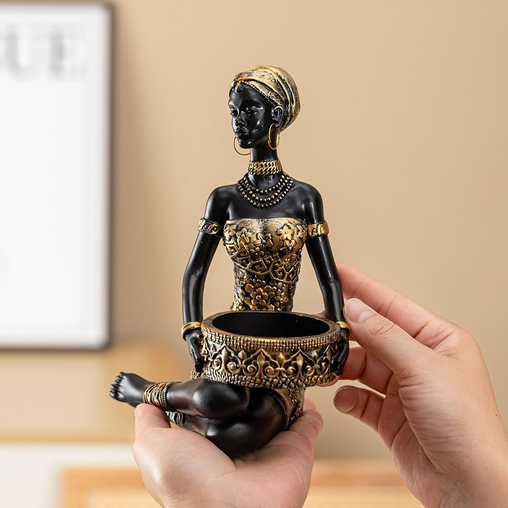 African Tribal Woman Statue Resin Figurine Candlestick Art Sculpture Home Decor Exotic Decor for Living Room Office Storage (A)