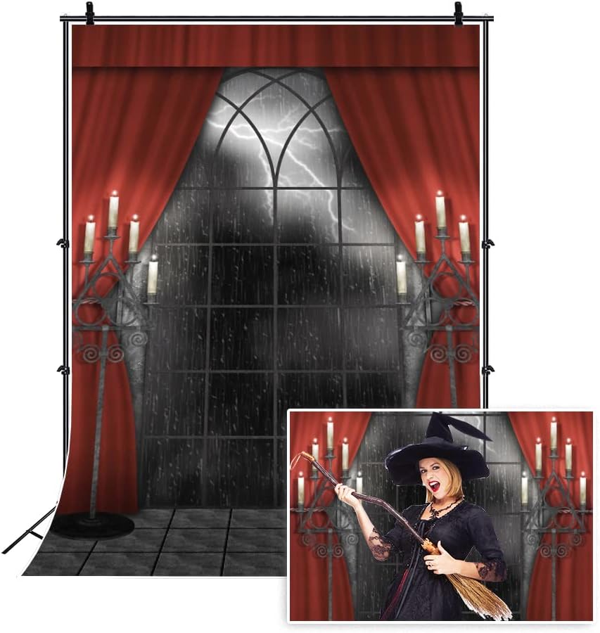 Renaiss 8x12ft Vintage Gothic Window Backdrop Red Curtain Candlestick Black F...