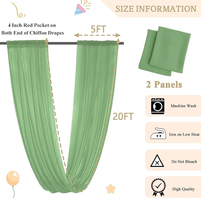 Ceiling Drapes Wedding Arch Drapes Chiffon Arch Draping 2 Panels 5x20 FT Sage Green Ceiling Decorations Sheer Backdrop Curtain for Parties Tulle Fabric Arbor Drapery Swag Ceiling Curtains for Events