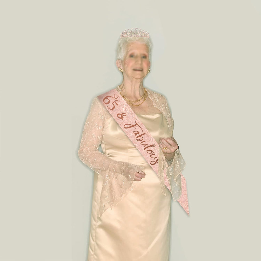 BRT Bearingshui Fabulous Tiara for Women, Rose Gold Crown & Sash for 65th Birthday Party