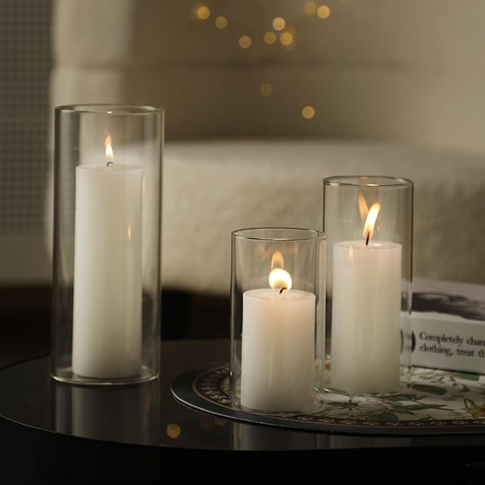 UDU 24 Pcs White Pillar Candles and Glass Cylinder Vases, Hurricane Pillar Candle Holder Vases for Wedding Centerpieces Table Party Home Decor(3.2" X 4.7", 6", 8")