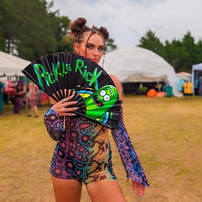 Kandies World UV Reactive Custom Festival Folding Hand Fan - Unique Designs, Made of Bamboo, Clacking Sound, Lightweight - Perfect Rave and Festival Accessory!