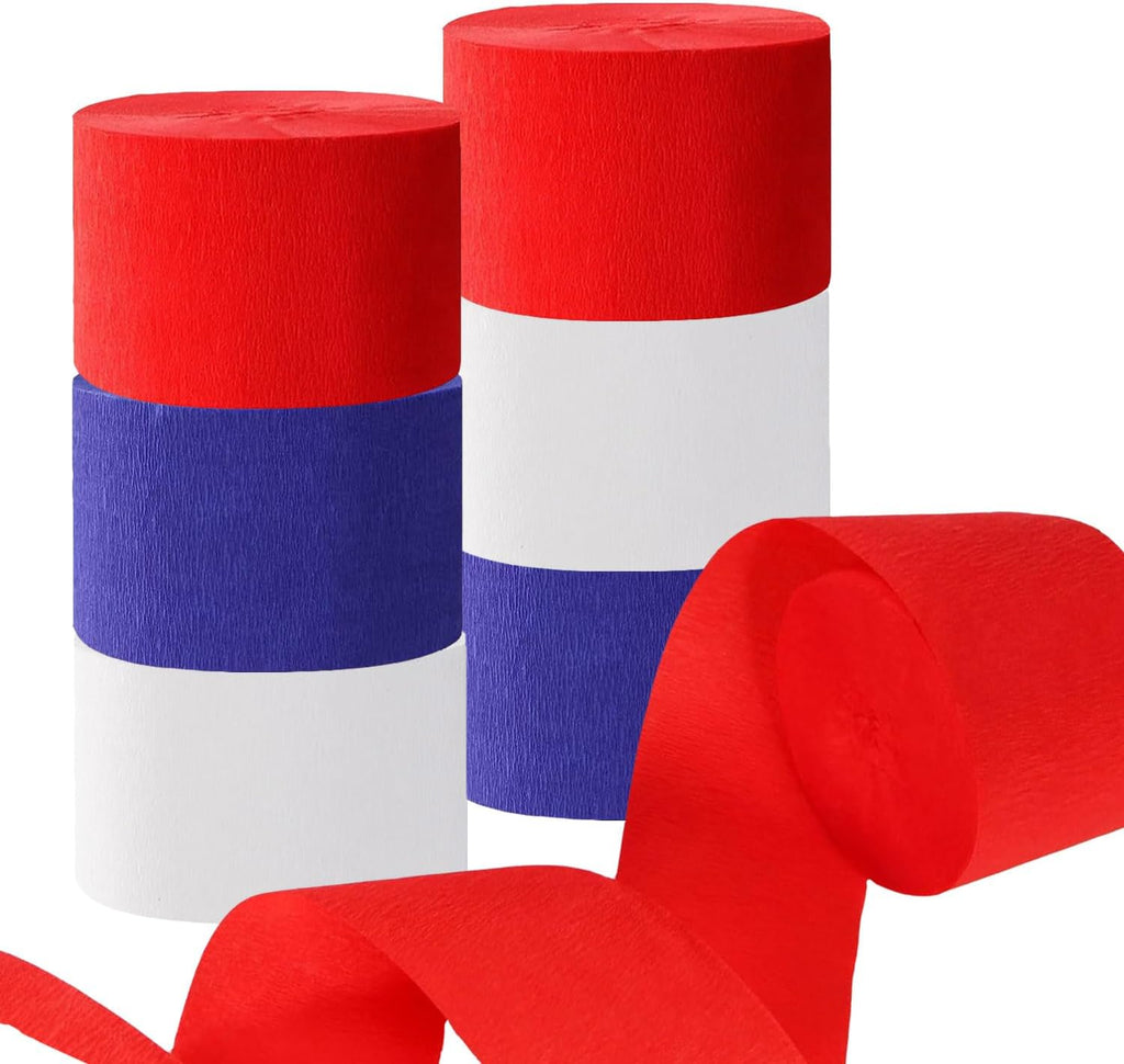 CC wonderland zone 6 Rolls Red Blue and White Crepe Paper Streamers for Independence Day,July 4th Party,Memorial Day,Veterans Day,Party Decoration