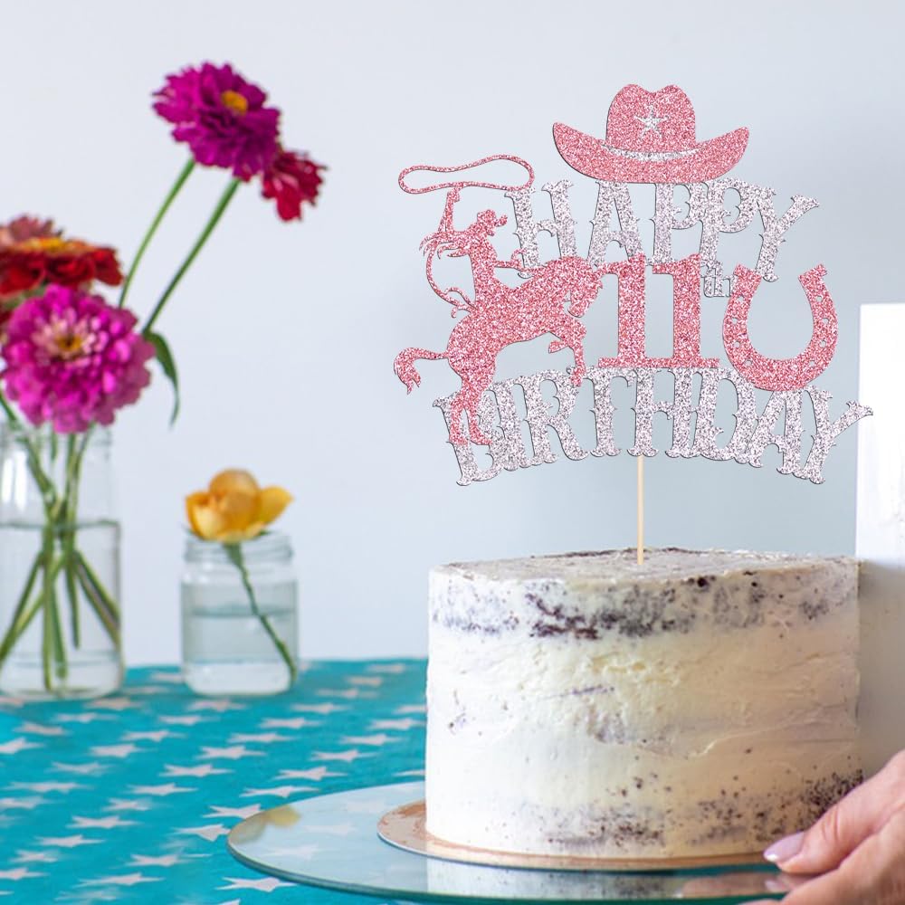 Western Happy 11th Birthday Cake Topper, Cowgirl 11th Birthday Party | Cowgirl Birthday Cake Topper for Western Theme Birthday Baby Shower Cowgirl Party Supplies