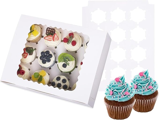 26-Set Cupcake Boxes Hold 12 Standard Cupcakes, Food Grade Cupcake Holders Bakery Carrier Boxes with Windows and Inserts for Cupcakes, Muffins and Pastries (White-26 Pack)