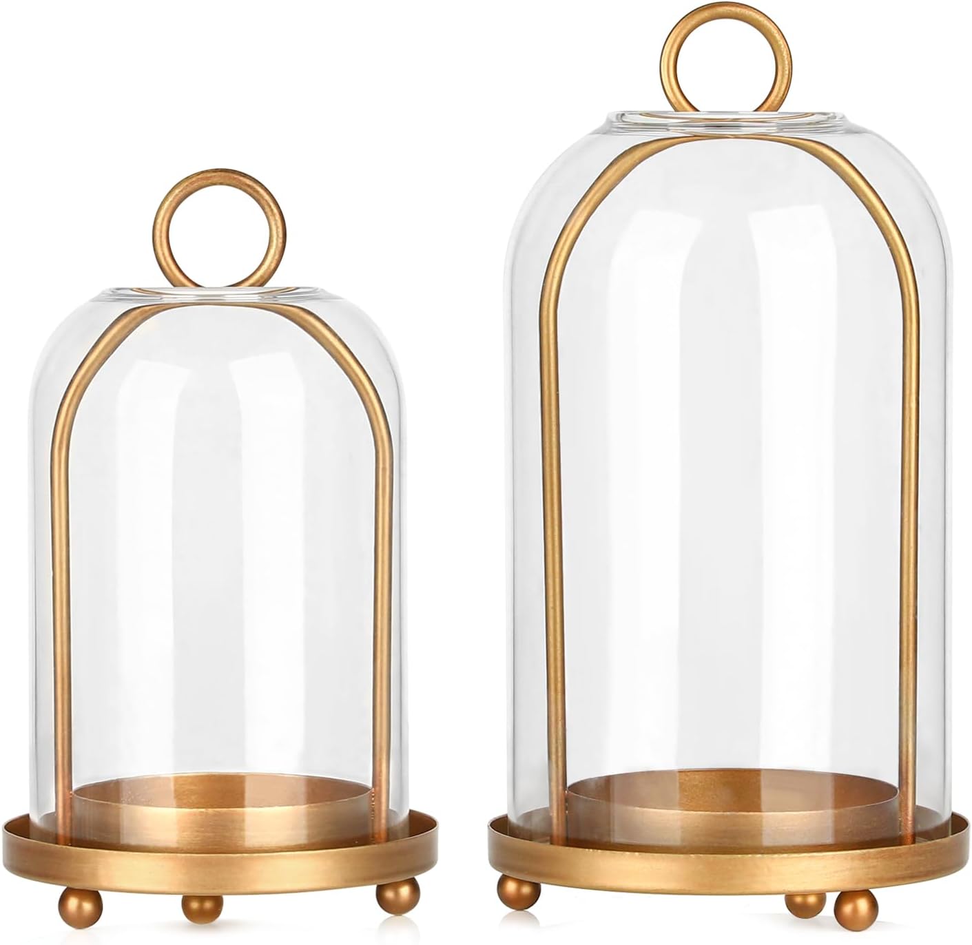 Vintage Brass Metal Candle Lantern with Thick Glass Dome – Set of 2 Shabby Chic Style Candle Holders (5.25"x10" & 4.5"x7.87") – Hanging or Tabletop Decor for Pillar Candles, Plants
