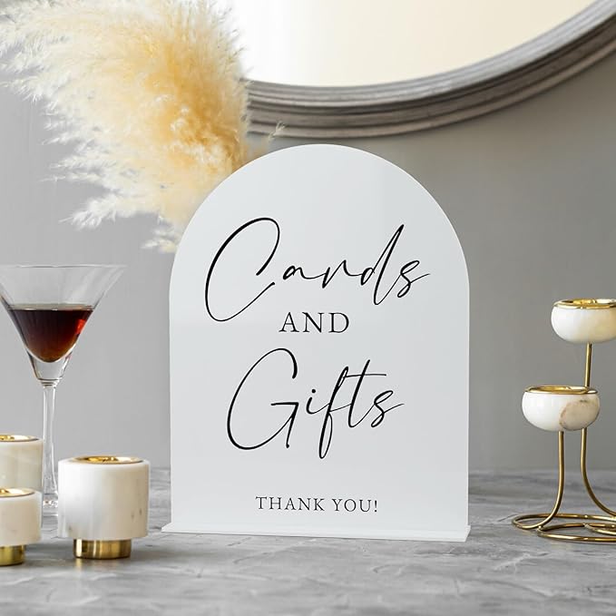 White Arch Acrylic Wedding Sign- 8"x10" Cards and Gifts Sign and Base,1/8" Thick | Modern Calligraphy Arched Acrylic Table Sign for Wedding & Event Party (Cards and Gifts, 8"x10")