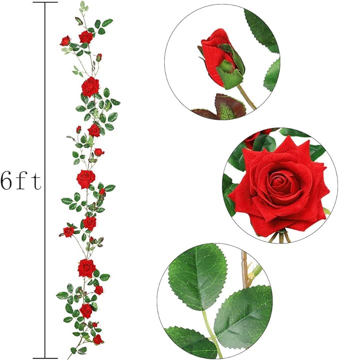 Veryhome Rose Vine Artificial Flower Garland Fake Hanging Rose Ivy Plants 6ft for Wedding Home Party Garden Arrangement Decor Pack of One (Red)