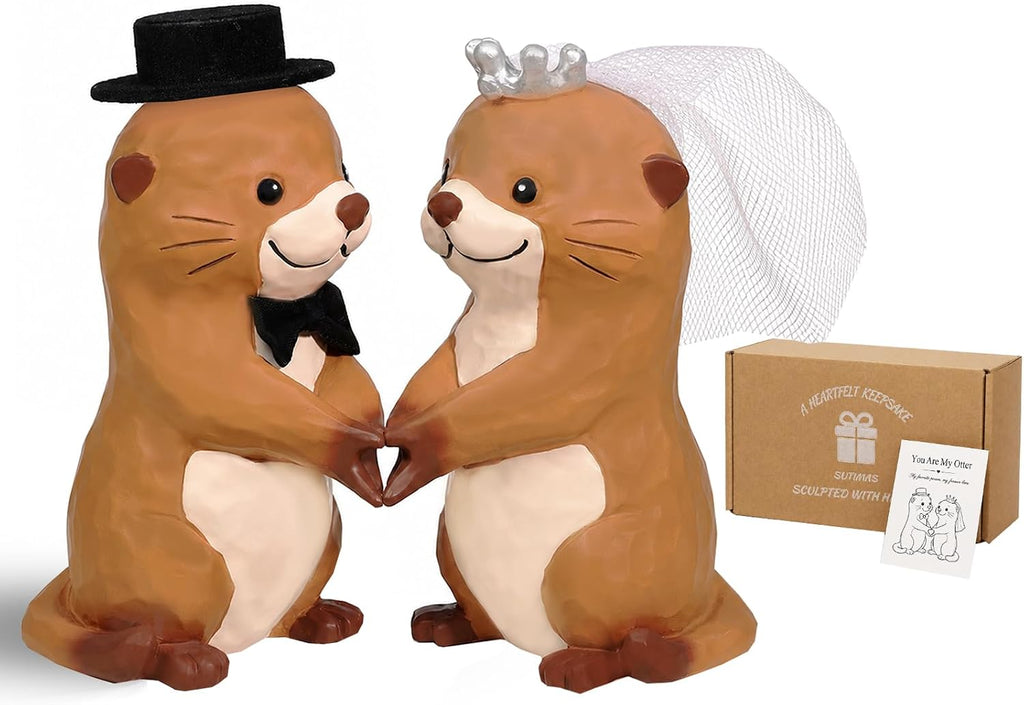 Funny Wedding Cake Toppers, Otter Bride and Groom Couple Cake Topper for Wedding Engagement Anniversary, Unique Cute Figurine Keepsake with Veil and Top Hat