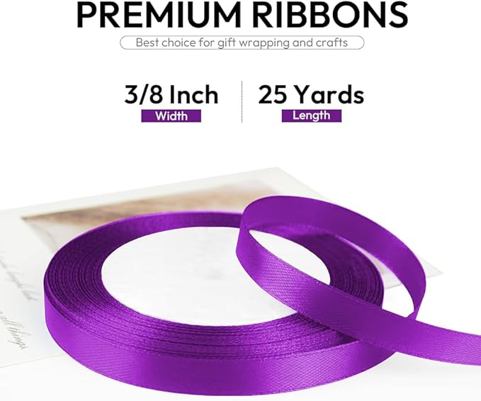 3/8 Inch 25 Yards Satin Ribbon Purple, Solid Color Fabric Ribbon for Gift Wrapping, Wedding, Polyester Gift Ribbon for Birthday Party Decoration, Craft, Hair, Floral, Sewing