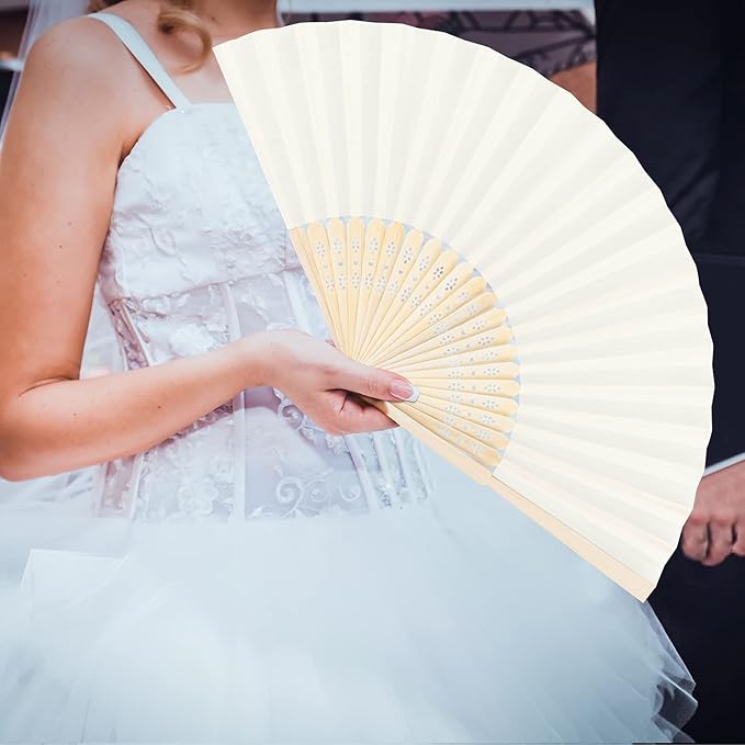 Aneco 18 Pieces Handheld Fans Cloth Hand Fans Bamboo Folding Fans for Wedding Decoration, Church Wedding Gifts, Party Favors, DIY Decoration (Cream)