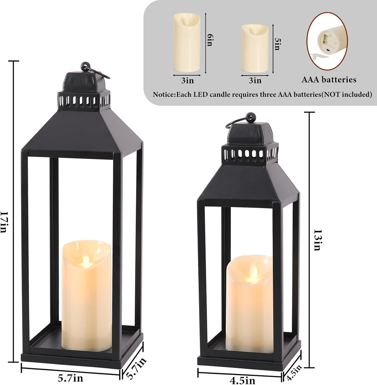 Decorative Lanterns Indoor Outdoor, 2Pcs 17" 13" Black Lantern with...