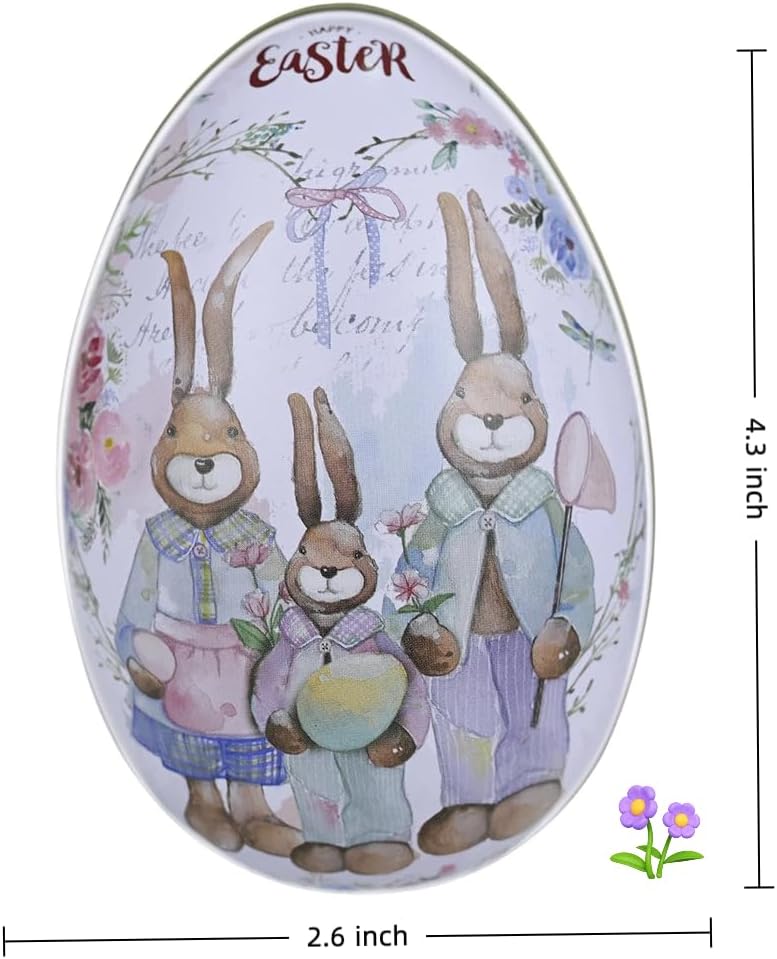 Rabbit Gardener Easter Egg Tin (Style E) - Retro Flower Market Themed Metal Treat Box, Durable Egg Shaped Keepsake Container for Candies & Jewelry