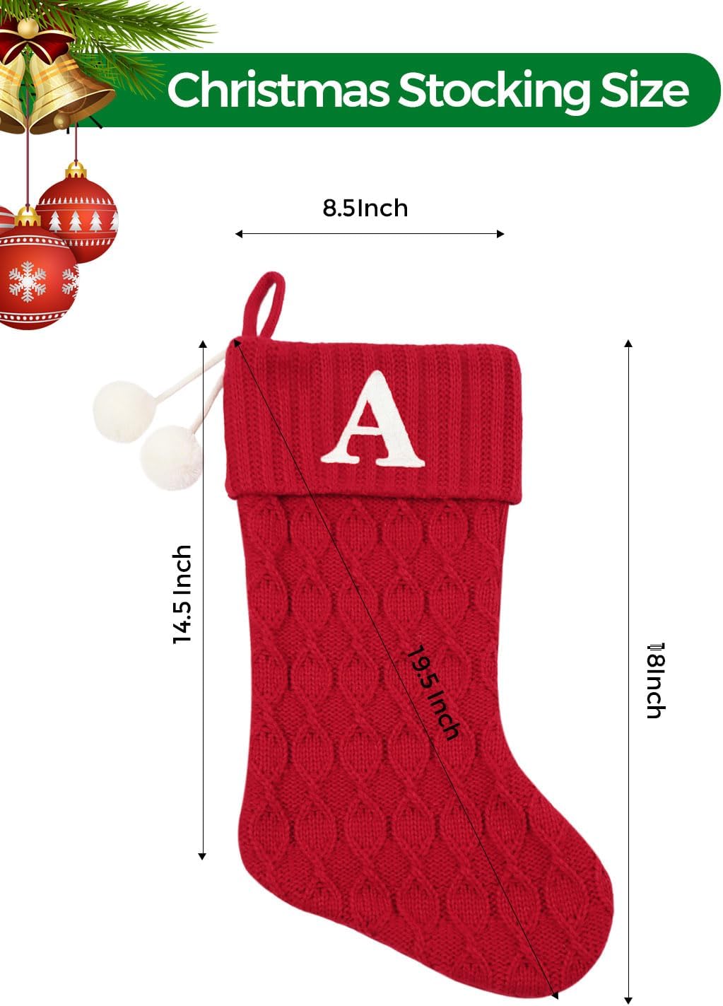 20 Inchs Red Knit Christmas Stockings, Personalized Initial Embroidered Xmas Stocking Larger Sock for Christmas Tree Fireplace Christmas Party Holiday Hanging Stocking Decorations(S)