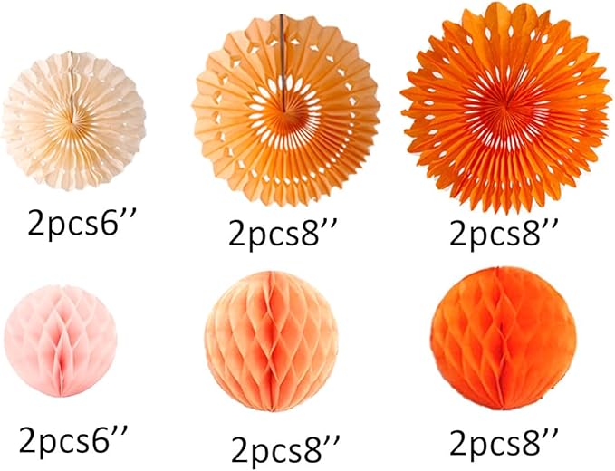 12pcs 6’’ 8’’ Honeycomb Balls Tissue Paper Fans Party Honeycomb Ball Fans Wall Tissue Pom Poms Flower Balls Hanging Paper Fans for Party Baby Shower Birthday Wedding Nursery Wall Decor(Orange kit)