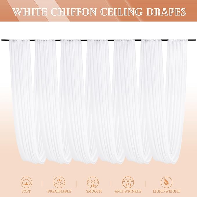 6 Panels White Ceiling Drapes 5ftx30ft Sheer Drapery Ceiling Curtains Chiffon Fabric Arch Draping for Wedding Party Ceremony Birthday Baby Shower Reception Stage Ceiling Decorations