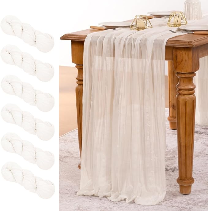 MLMW 6 Pack Ivory White Table Runner Cheesecloth Boho Gauze Rustic Cheese Cloth Table Runner 160 inch Sheer 13.3ft for Thanksgiving Wedding Party Baby Bridal Shower Birthday