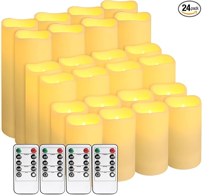Set of 24 Waterproof Outdoor Flameless Candles,Realistic LED Candles with 4 Remote and Timer,(H 4" 5" 6" x D 2.2"),for Halloween Wedding Festival Decor.