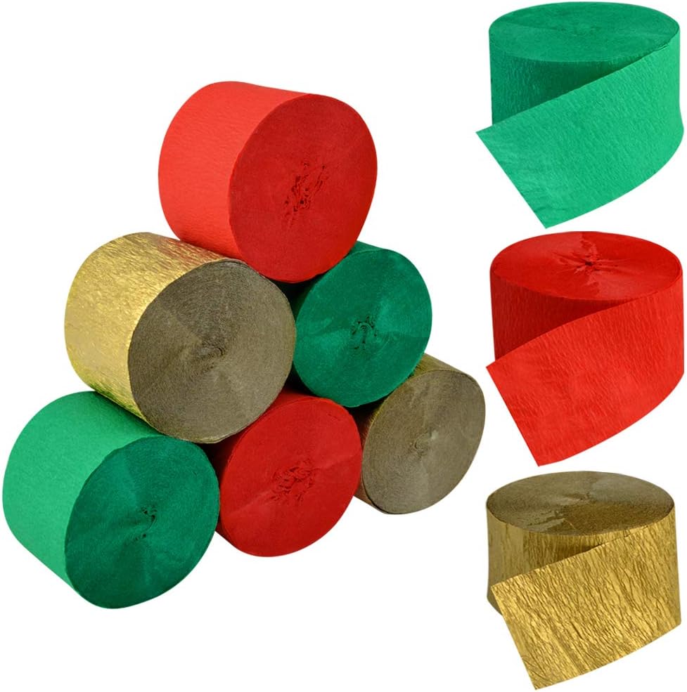Crepe Paper Streamers for Christmas, jiebor 738 Ft Red Green Gold Crepe Paper Roll Christmas Party Room Wall Decor, 9 Rolls