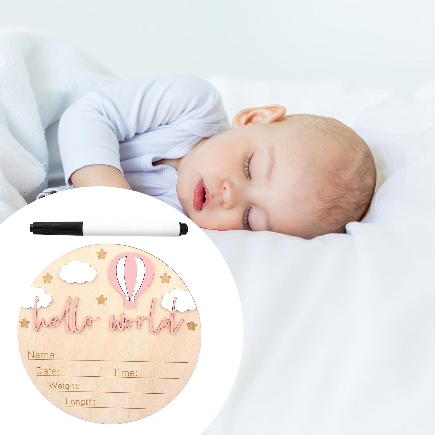 Wooden Baby Announcement Sign, Hello World Birth Boys and Girls Newborn Sign Welcome Baby Name Plaque for Photo Prop Home Hospital Nursery Newborn Gift (Pink)