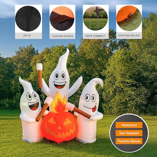 6 ft halloween inflatable ghosts roasting marshmallows showing dimensions