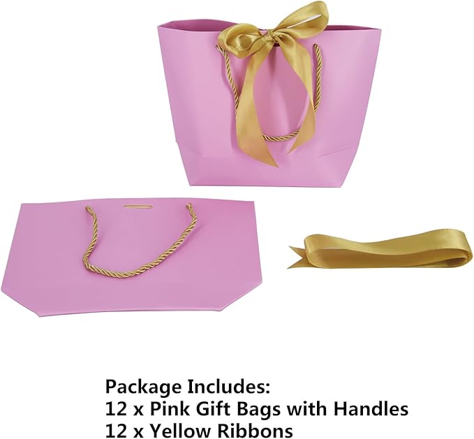 HUAPRINT Gift Bags with Handles,7.48×3.54×7.9 inches,Party Favor Bags with Bow Ribbon,12Pcs Pink Paper Bags for Birthday Wedding Bridesmaid Holiday Valentine's Day