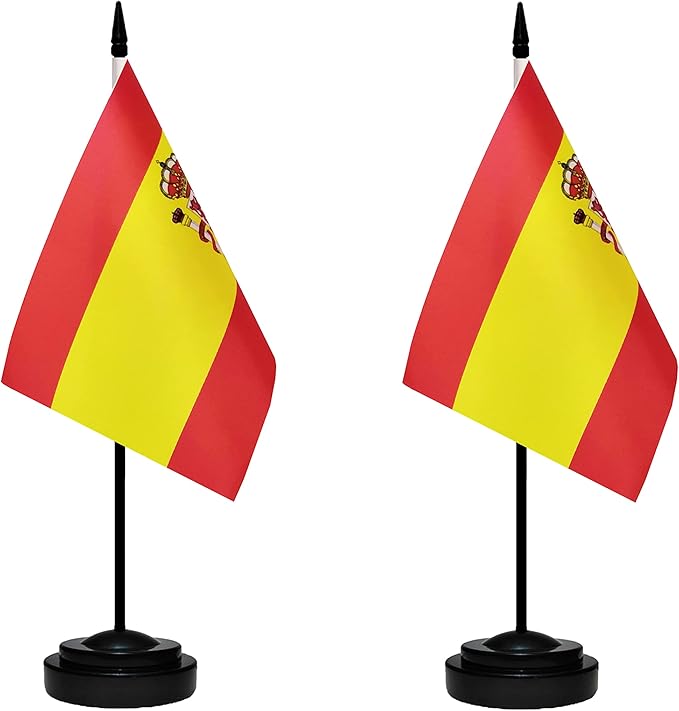 Spain Spanish Deluxe Desk Flag Set, Small Mini Miniature Spain Spanish Table Desktop Flags With Solid Pole, Black Base and Spear Top(2 Pack)
