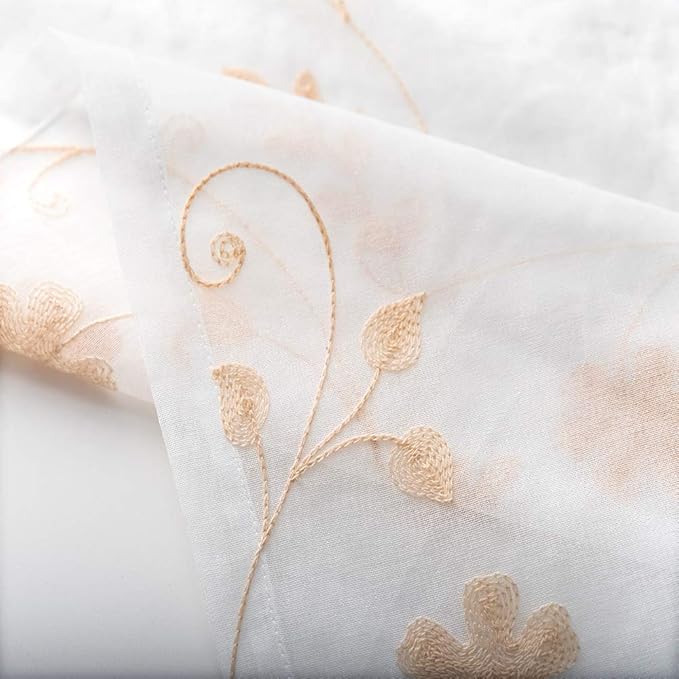Floral Embroidery Sheer Curtains Beige 95 Inch Length, Rod Pocket Voile Drapes for Living Room, Bedroom, Window Treatments Semi Crinkle Curtain Panels for Yard, Patio, Villa, Set of 2, 52"x 95".