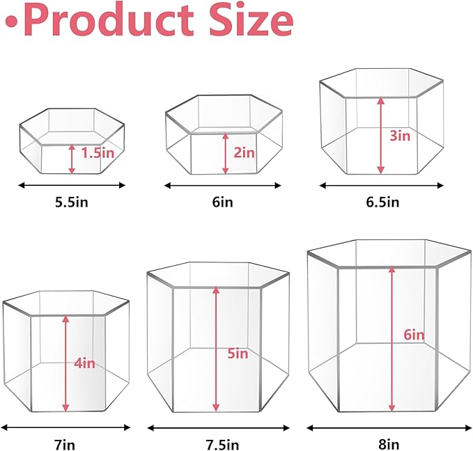 6 Pcs Buffet Risers, Dessert Stands, Acrylic Boxes for Display, Hexagonal Jewelry Showcase, Riser Display Cases Acrylic Display Base, Clear