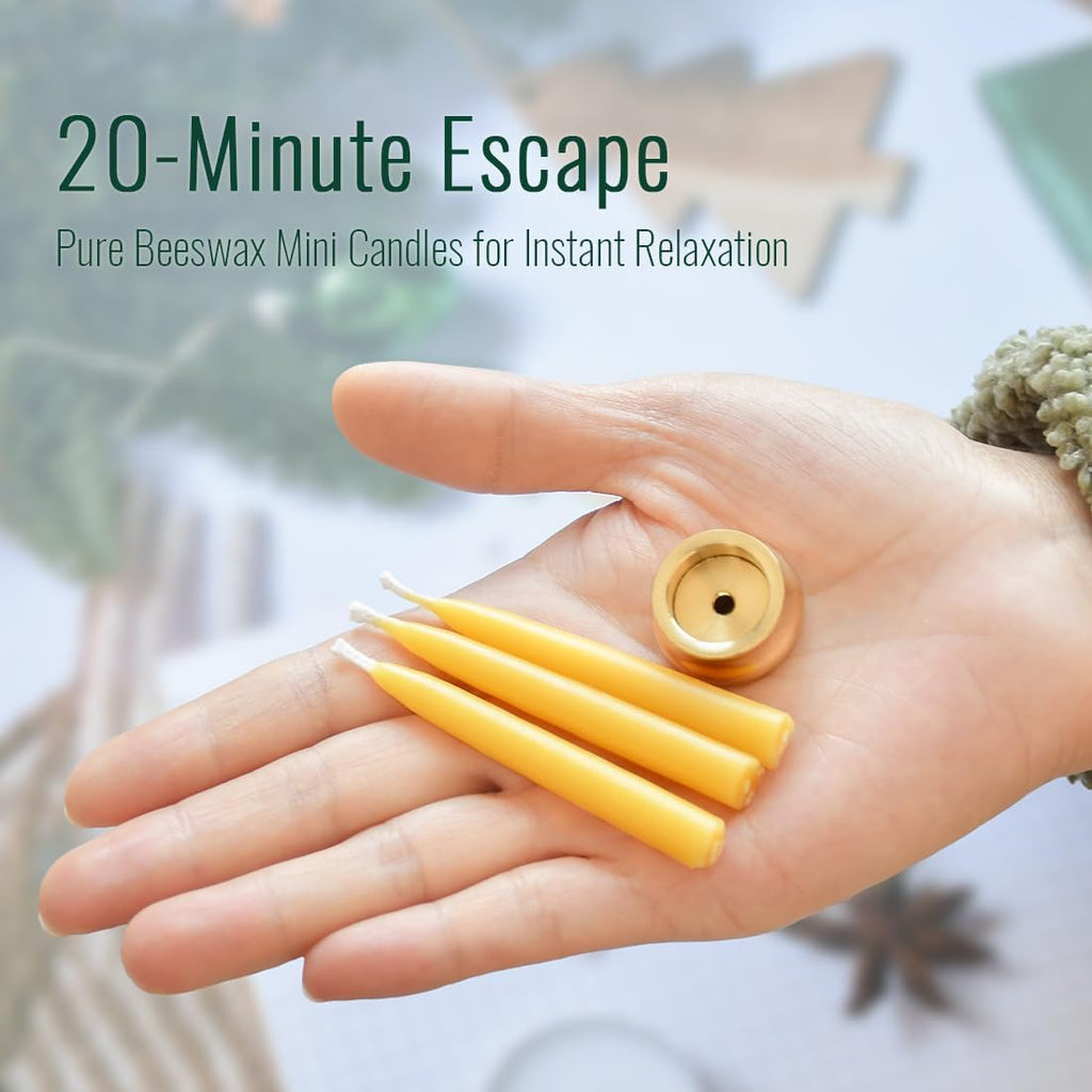 20-Minute Beeswax Meditation Candles, 20-Count with Brass Holder | 100% pure beeswax mini tapers, 20min burn timer, Includes brass holder, Dripless, Luxury tactile gift box