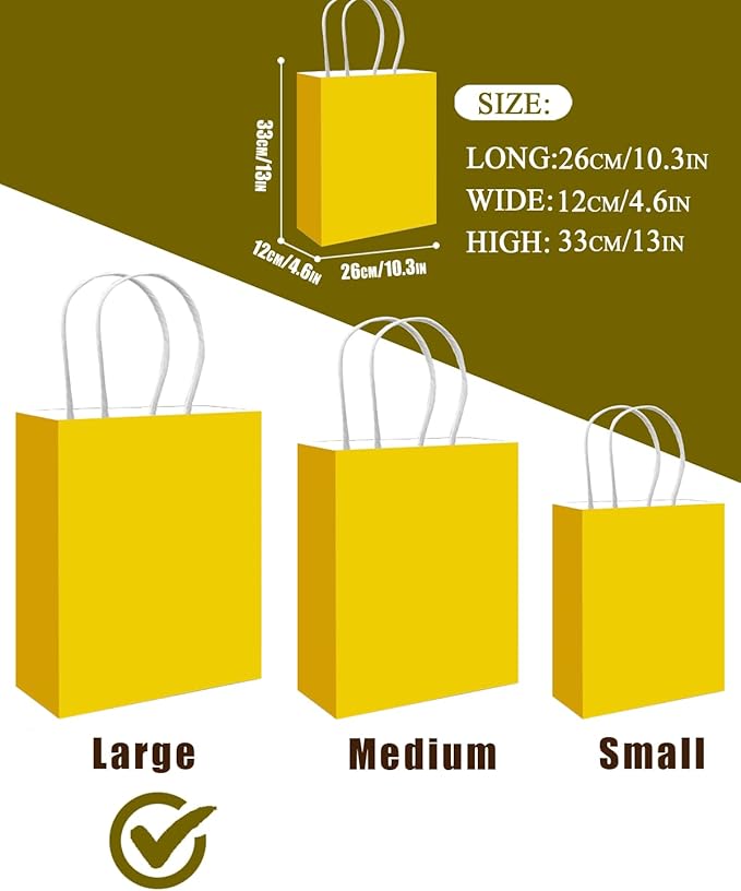 qiqee 50-Packs Bright Yellow Paper Gift Bags with Handles Bulk 13"x10.3"x4.6" Large Size Party Favor Bags Multiple Uses