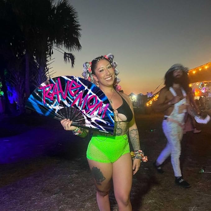 Kandies World UV Reactive Custom Festival Folding Hand Fan - Unique Designs, Made of Bamboo, Clacking Sound, Lightweight - Perfect Rave and Festival Accessory!