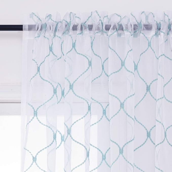 Embroidery Sheer Curtains Blue 63 Inches, Rod Pocket Voile Drapes for Living room, Bedroom, Window Treatments Wave Diamond Semi Crinkle Curtain Panels for Yard, Patio, Villa, Set of 2, 52"x 63".